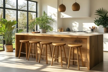 Obraz premium Minimalist Modern Kitchen Cafe Interior with Wooden Elements and Bright Natural Lighting