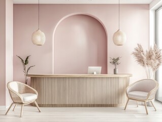 Minimalist Reception Area with Wooden Desk and Chairs