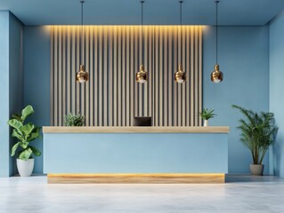 Modern minimalist reception desk design with blue walls