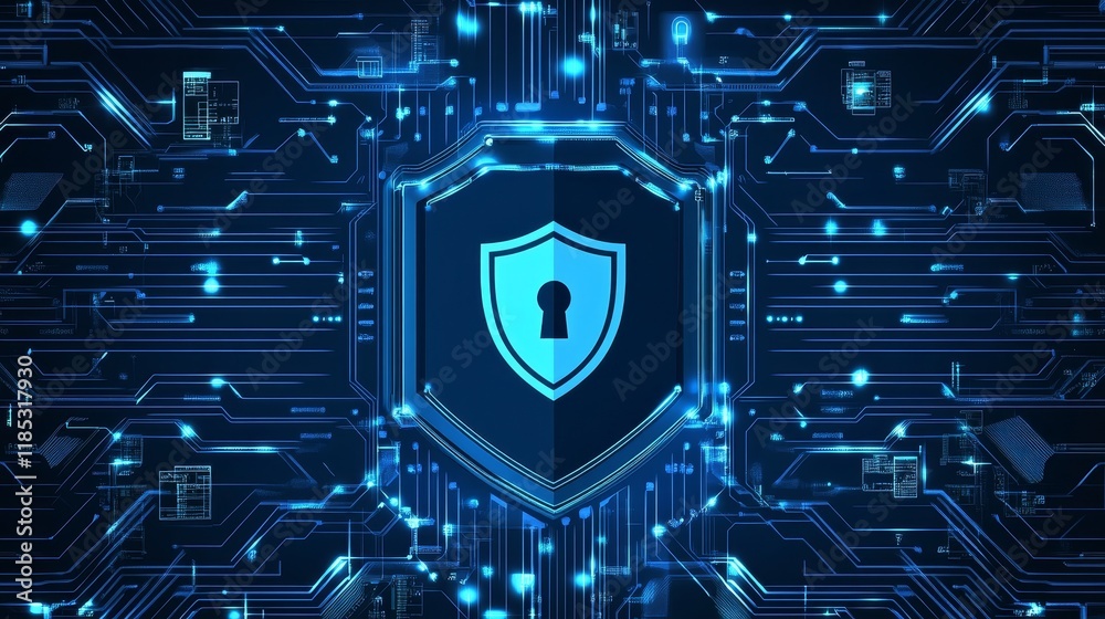Poster a digital shield symbolizing cybersecurity with circuit patterns and a lock icon.