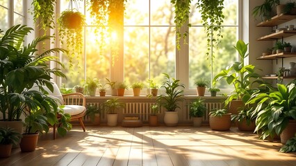 A 3D rendering of a white, empty room with wood laminate flooring, featuring a green plant in a frame, creates a serene and inviting atmosphere