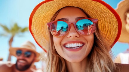 Joyful family vacation moment with a happy woman taking a selfie