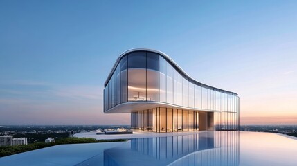 Modern architectural masterpiece with sweeping glass facade and breathtaking sunset views over city skyline, showcasing luxury and innovation in design