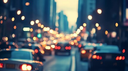 A blurred city street scene with cars and lights, evoking a bustling urban atmosphere.