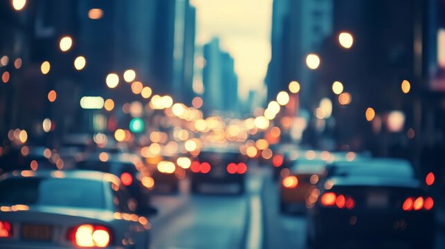 A blurred city street scene with cars and lights, evoking a bustling urban atmosphere.