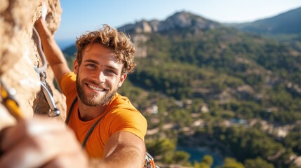 Fototapeta premium Determined climber conquers rocky terrain in breathtaking landscape