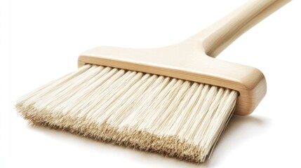 A classic push broom with soft bristles and a polished wooden handle 