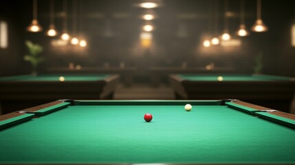 A Well-Lit Billiard Room with Green Felt Tables and a Red and White Ball in Focus, Showcasing an Inviting Atmosphere for Game Enthusiasts