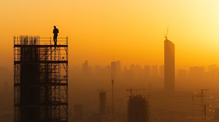 Golden Hour Construction: A lone worker silhouetted against a hazy cityscape during sunset, signifying urban development and progress.