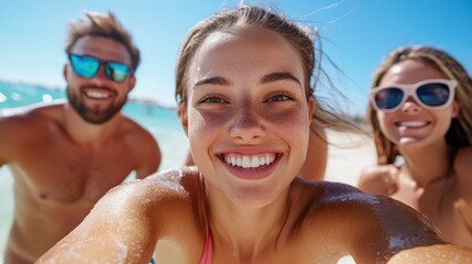 Fototapeta premium Smiles and sunshine with friends on a perfect beach day