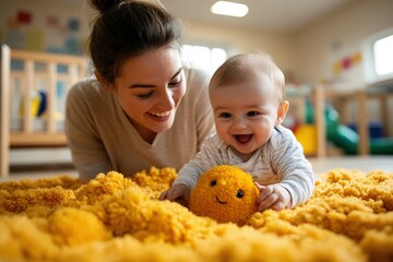 Fototapeta premium Young caucasian mother and baby smiling in nursery with toys