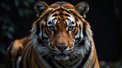 Fototapeta premium Glowing eyes lock onto you from beneath a striking orange and black striped fur, set against a dark backdrop that amplifies the majesty of this wild predator
