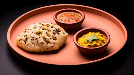 Savory baked bread, dips, dark background, restaurant food
