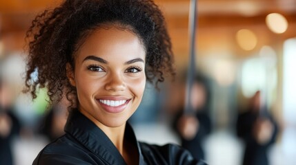 Strong woman practices fencing with determination in a vibrant gym setting