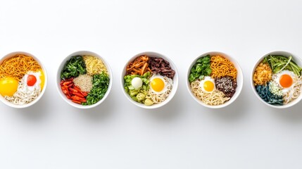 Obraz premium Colorful Variety of Healthy Bowls with Noodles, Vegetables, Eggs, and Tasty Ingredients Arranged Neatly on a White Surface for Culinary Display
