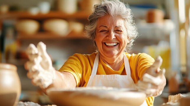 Woman enjoys creating pottery in a bright, artistic studio space
