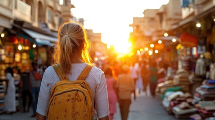 Obraz premium Woman explores vibrant streets at sunset in Jaisalmer's old town