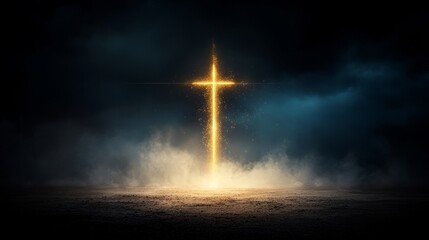 Glowing Cross Illuminating a Dark Sky with Dramatic Clouds and Mist, Symbolizing Faith, Hope, and Spirituality in a Mystical Atmosphere