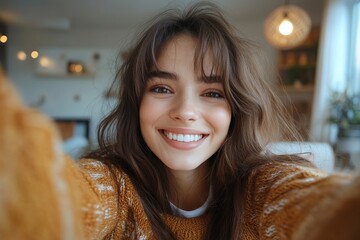 Young happy woman takes selfie while holding key of her new apartment and looking at camera. Generative AI