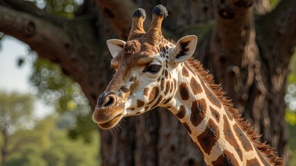 A majestic giraffe stands tall, its distinctive brown spots glistening in the sunlight as it gazes forward through a lush, green landscape blurred into soft focus