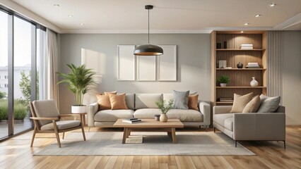 Empty modern living room with neutral colors and minimal furniture, minimalist, contemporary, home decor, design