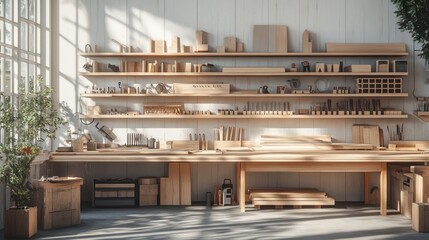 Sunlit woodworking workshop with tools and materials on shelves and workbench.