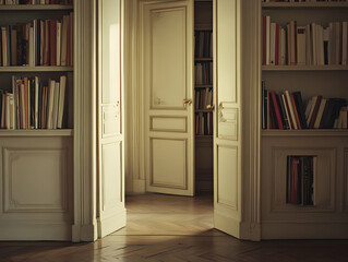 Fototapeta premium Sunlit library doorway, bookshelves, Parisian apartment, interior design