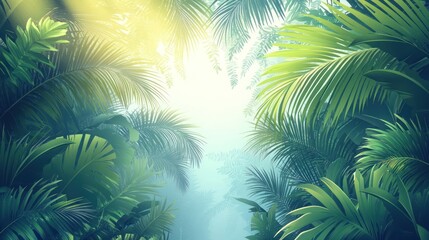 Sunlit tropical jungle canopy with lush green palm leaves and misty background.