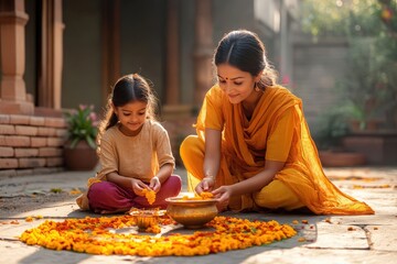 Mother and daughter creating floral rangoli in sunlit courtyard