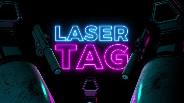 Laser tag neon glowing title for virtual games. With 3d render futuristic scifi rifle weapons