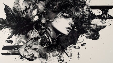 Fototapeta premium Monochrome Abstract Woman Portrait: Ink and Brushstrokes
