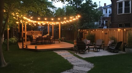 Obraz premium Serene Backyard Deck with String Lights at Dusk