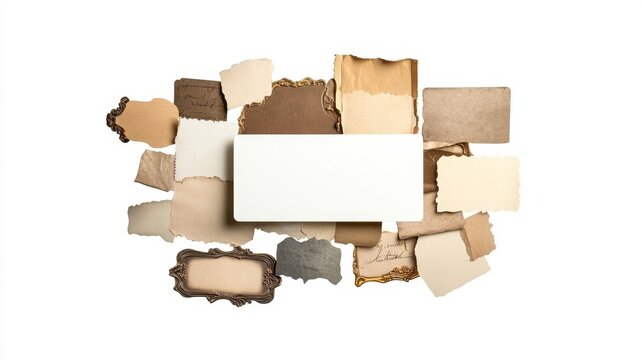 Collection of Various Vintage Frames and Paper Pieces on a White Background, Perfect for Invitations, Scrapbooking, and Artistic Projects
