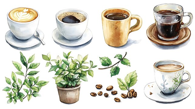 Watercolor illustration of various coffee drinks, coffee beans, and green leaves, perfect for cafe menus, coffee shop branding, or coffee-related websites.