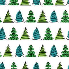 Colorful pattern of stylized trees in green and blue on a white background