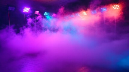 Vibrant Stage with Pink and Blue Lighting and Thick Smoke