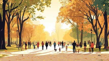 Obraz premium Autumn park scene with people walking, dogs, and fallen leaves.