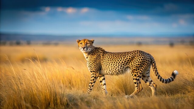 Image of a sleek and powerful Gepard hunting and roaming the vast savannah landscape ,  Gepard, savannah, Africa, predator