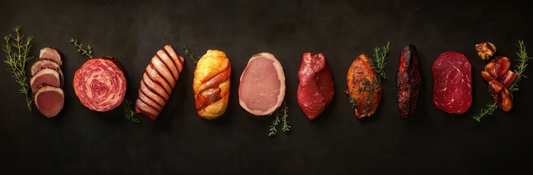 A Culinary Display of Various Types of Meat Arranged Neatly on a Dark Surface Surrounded by Fresh Herbs and Elegant Presentation for Gourmet Cooking