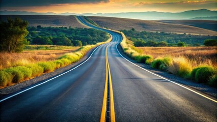 Obraz premium A close-up shot of a long, winding road stretching into the distance, landscape, journey, pathway, transportation