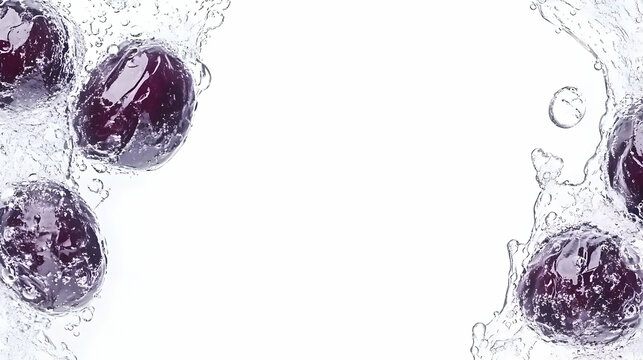 Plums splashing water, white background, food ad