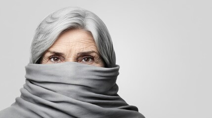 Fototapeta premium Close-Up Portrait of an Elderly Woman with Gray Hair and Intense Eyes Wrapped in a Soft Grey Scarf Against a Neutral Background Evoking Mystery and Emotion