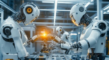 Fototapeta premium Collaborative Robots Working in a Futuristic Factory Setting