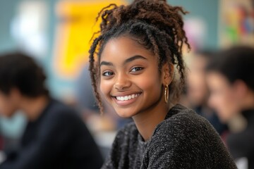 Happy black student and her friends talk while learning in classroom at high school. Generative AI