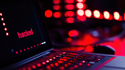 A close-up of a laptop screen displaying a bold “Hacked” message, surrounded by red and black warning lights, symbolizing a cybersecurity breach and data compromise.