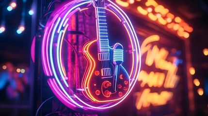 Neon Guitar Sign Adorns Vibrant Nightclub Scene
