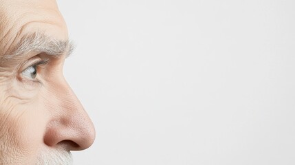 Fototapeta premium Profile portrait of an elderly man showcasing fine details of age, wisdom, and character against a clean, neutral background, emphasizing facial features and expressions