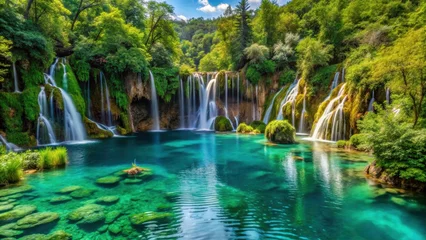 Tableau sur plexiglas Paysages Crystal clear turquoise lakes surrounded by lush greenery and cascading waterfalls, Turquoise, Lakes, Lush, Greenery  © Sujid