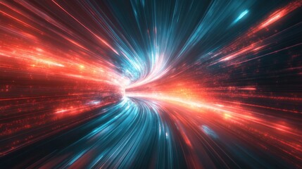 Obraz premium Abstract Digital Tunnel of Light Speed: Red and Blue Energy Streams in Cyberspace