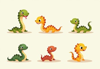 Naklejka premium Funny Wild Snake Babies: Delightful Cartoon Vector Illustrations of Cute Snakes Perfect for Children's Books, Merchandise, and Educational Materials